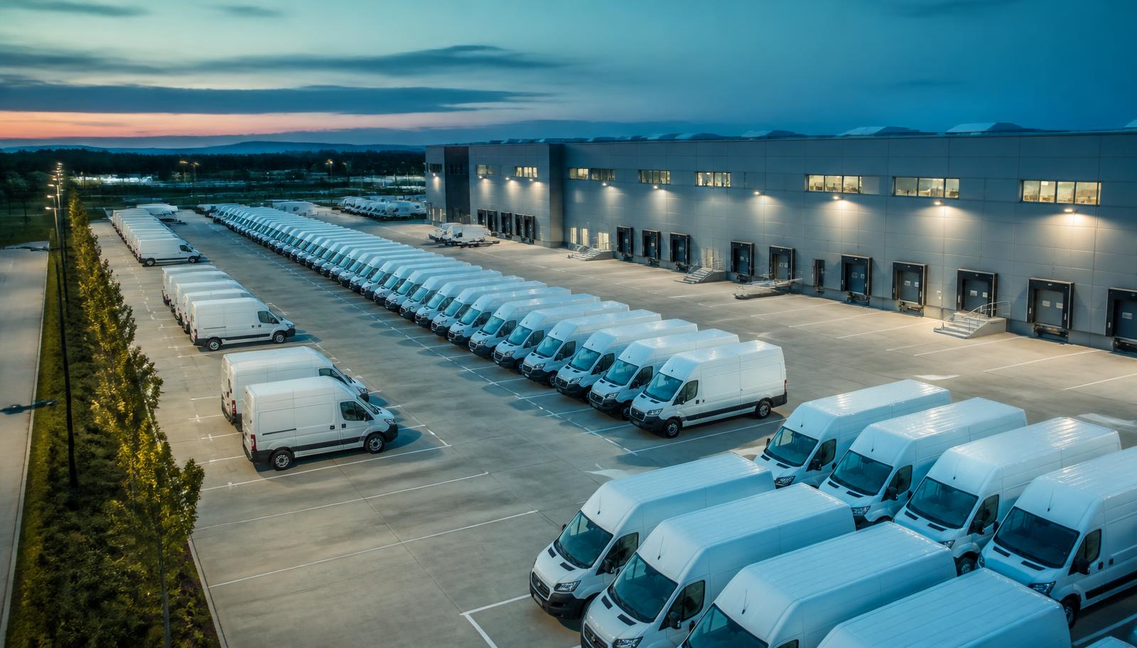 Flota de furgonetas comerciales modernas alineadas en una nave logística